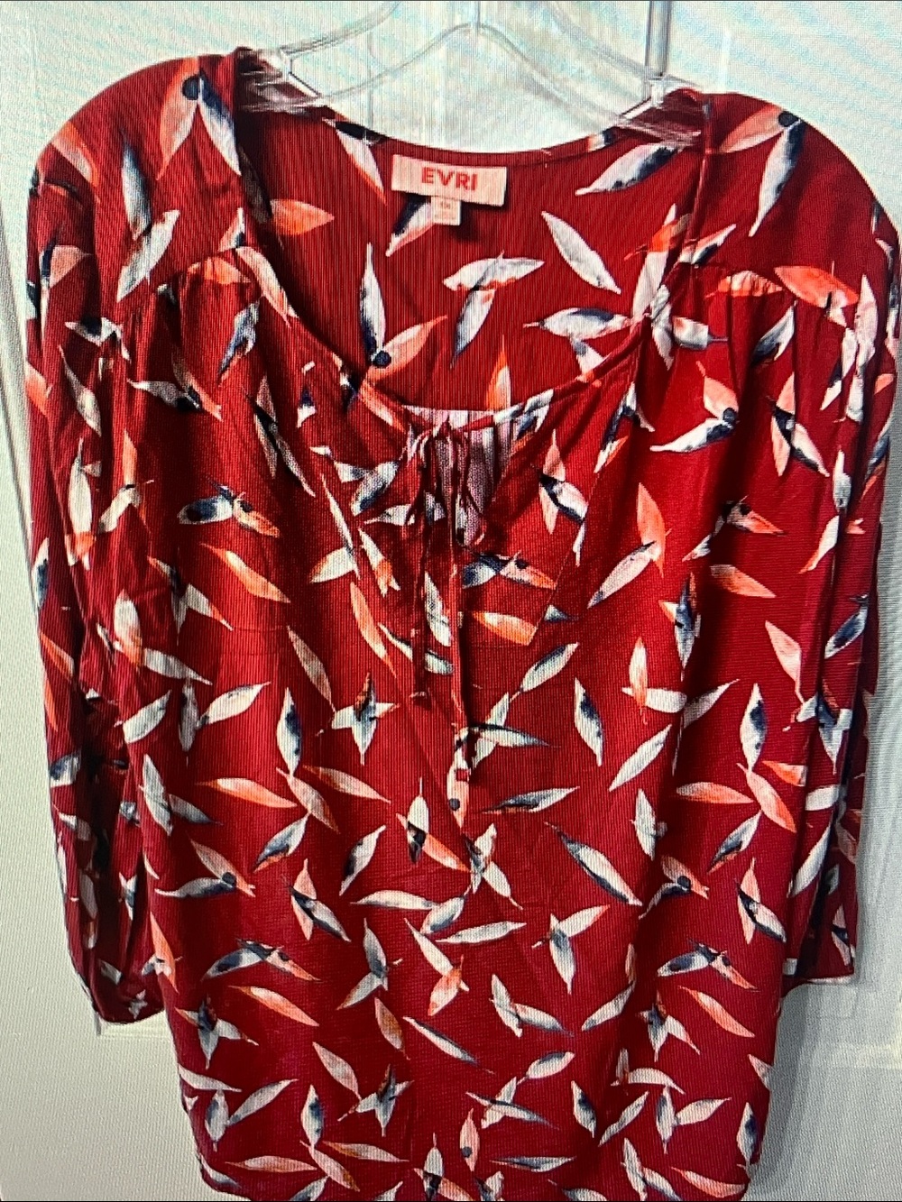 EVRI Red Leaf-Print Women's Blouse with Navy and Cream Accents
